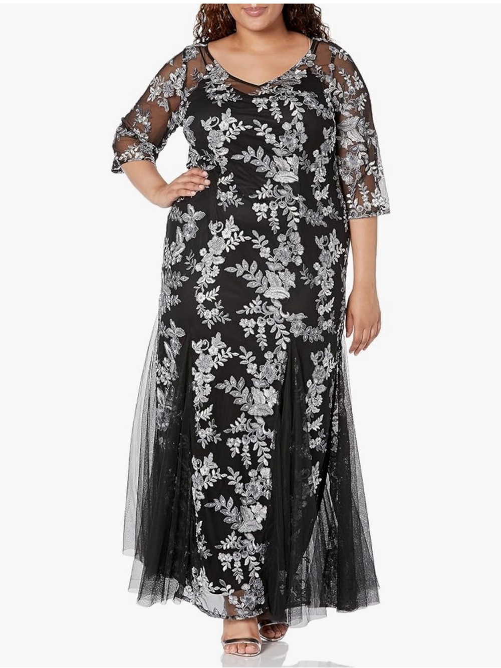 Alex Evenings Black Dress with Silver Floral Embroidery
